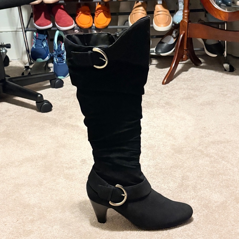 Gabriella Rocha Wide Calf Knee High Black Suede Buckle Accent Boots, 3" Size 9.5